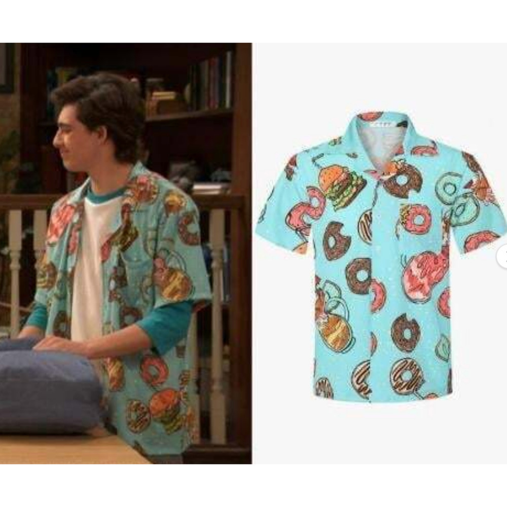 Men's Size 2XL Junk Food Graphic Print Button Shirt Blue Donuts Burgers